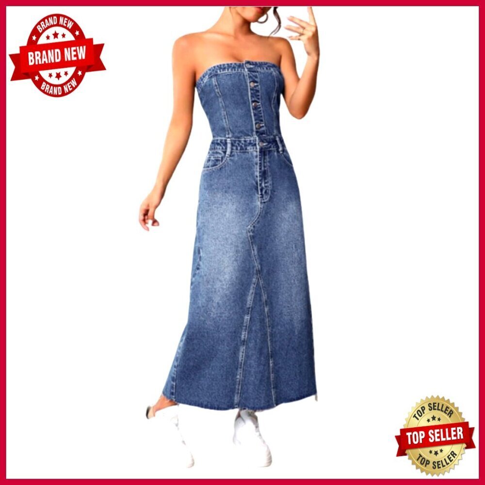 Strapless Denim Midi Dress, Slim Fit A-Line, Button Closure, Backless